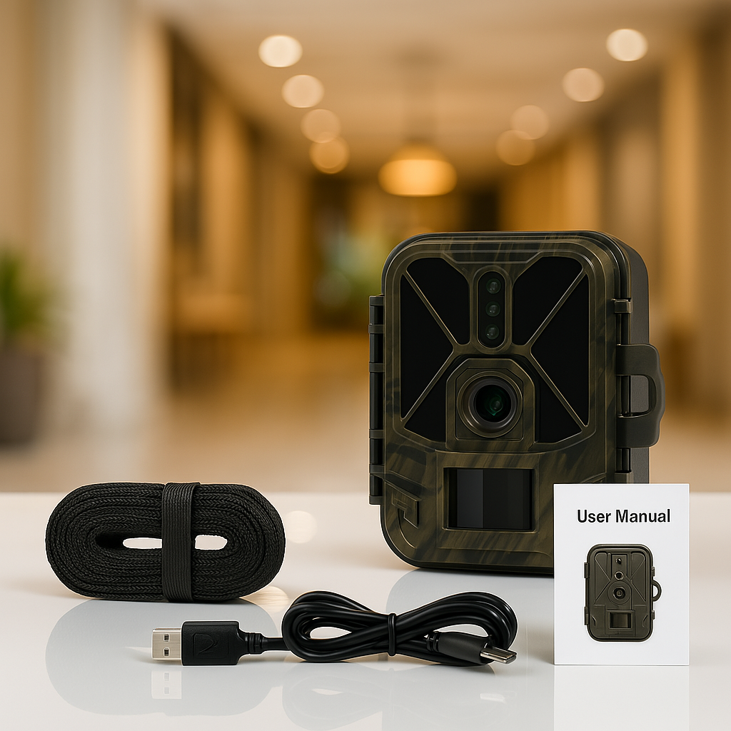Caméra Animaux avec sangle câble USB et manuel sur fond neutre