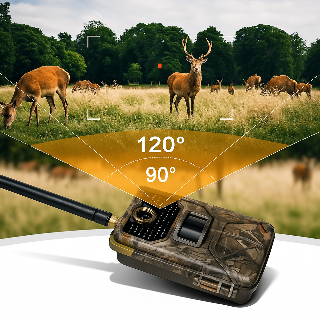 Camera de Chasse avec Alerte SMS MMS posée sur surface blanche, illustrant un champ de vision de 120° avec détection de cerfs en pleine nature. Camouflage militaire, capteur infrarouge et antenne visibles.