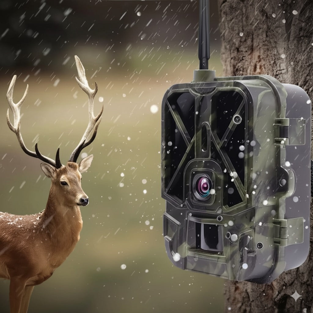 Caméra de chasse professionnelle fixée à un arbre sous la neige, avec un cerf à proximité. Étanchéité IP66, installation rapide et géolocalisation GPS intégrée pour une surveillance fiable en milieu extrême.