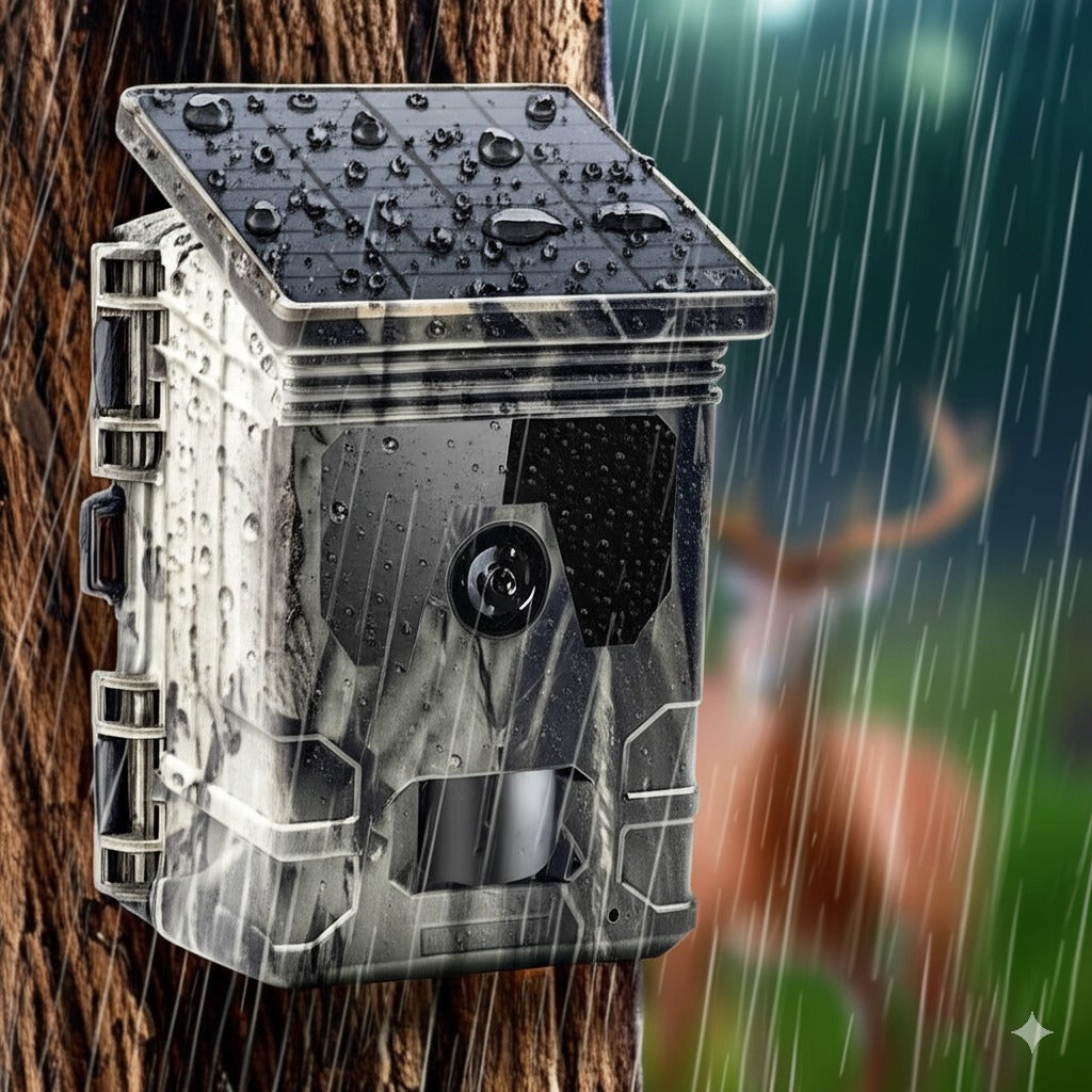 Caméra de chasse solaire installée sur un arbre en pleine forêt, résistante à la pluie grâce à son étanchéité IP66, idéale pour une surveillance extérieure durable et fiable.