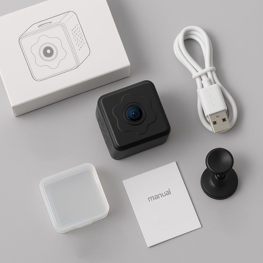 Mini caméra espion invisible accompagnée de ses accessoires : câble USB, support magnétique, boîte de rangement et manuel d'utilisation.