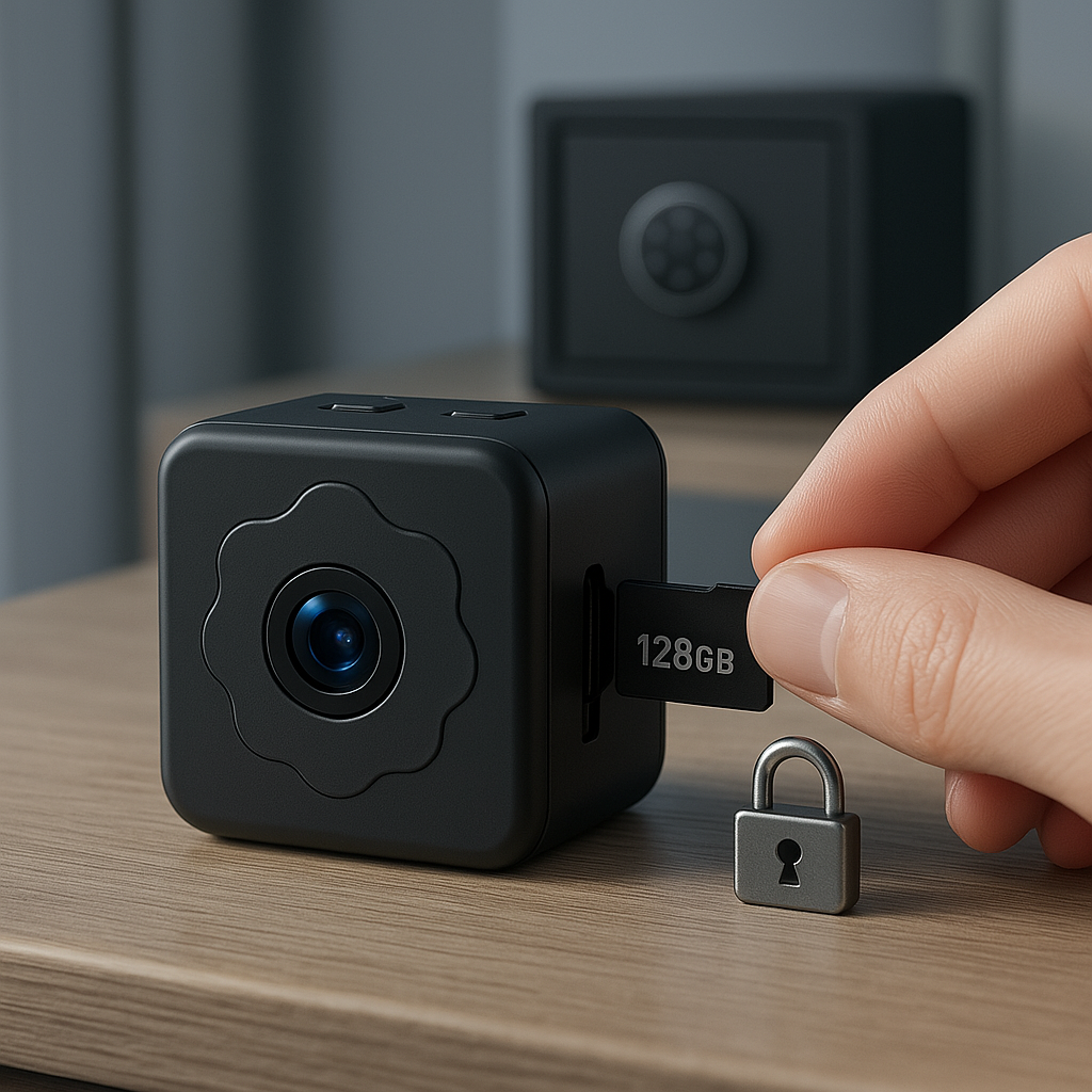Mini caméra espion invisible avec carte mémoire 128 Go insérée, idéale pour l'enregistrement sécurisé de vidéos en toute discrétion.