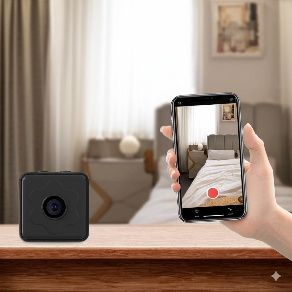 Mini caméra espion invisible connectée à un smartphone, permettant de surveiller une chambre à distance via une application.