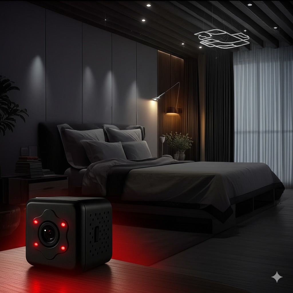 Mini caméra espion invisible avec vision nocturne infrarouge activée, posée dans une chambre sombre, idéale pour la surveillance discrète.