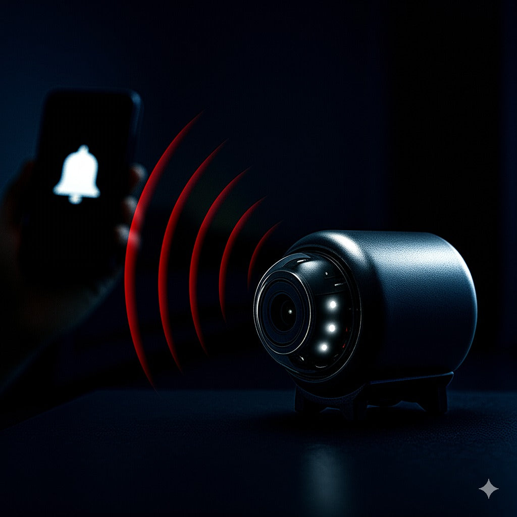 Mini caméra espion WiFi en mode nuit avec LED infrarouges activées, envoyant une alerte de détection de mouvement vers un smartphone. Parfaite pour la surveillance discrète 24h/24.