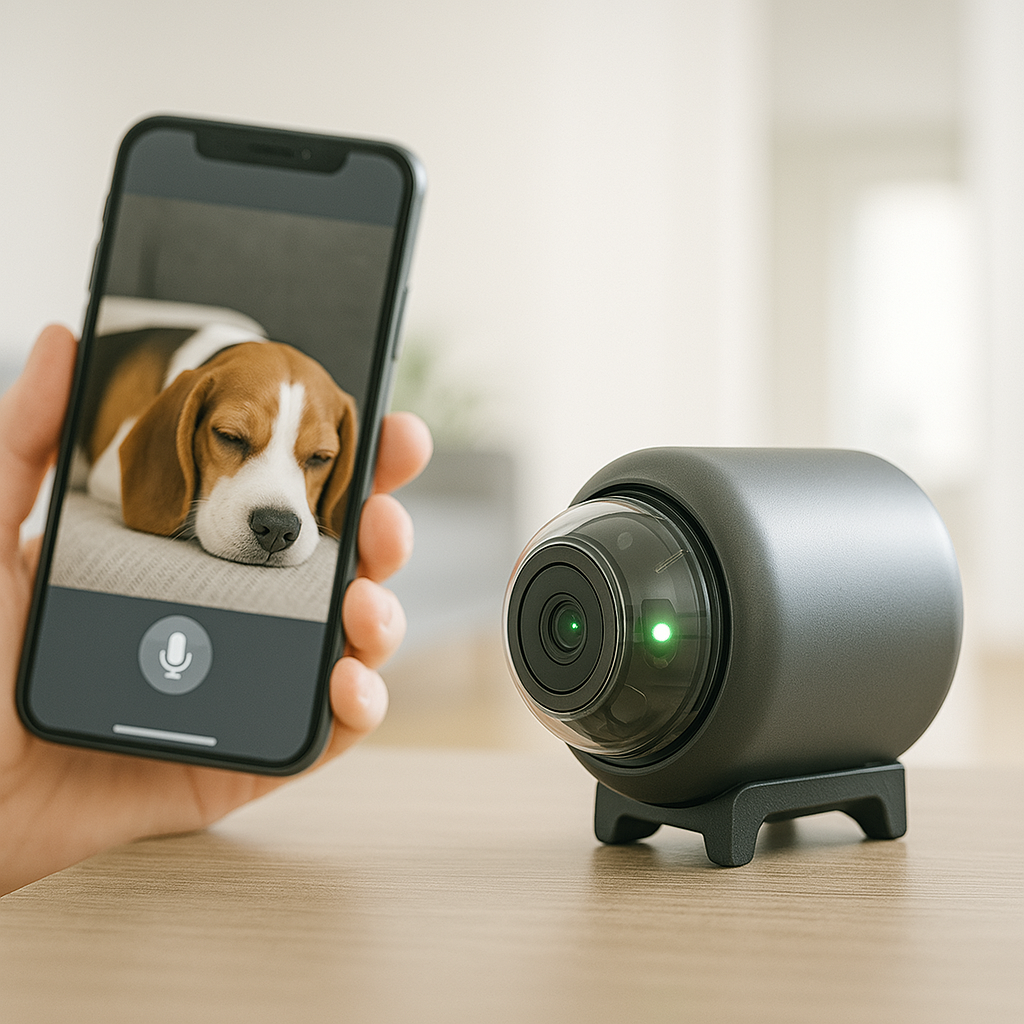 Mini caméra espion WiFi connectée à une application mobile affichant un chien en direct. Contrôle à distance, audio bidirectionnel et compatibilité iOS/Android pour une surveillance en temps réel.