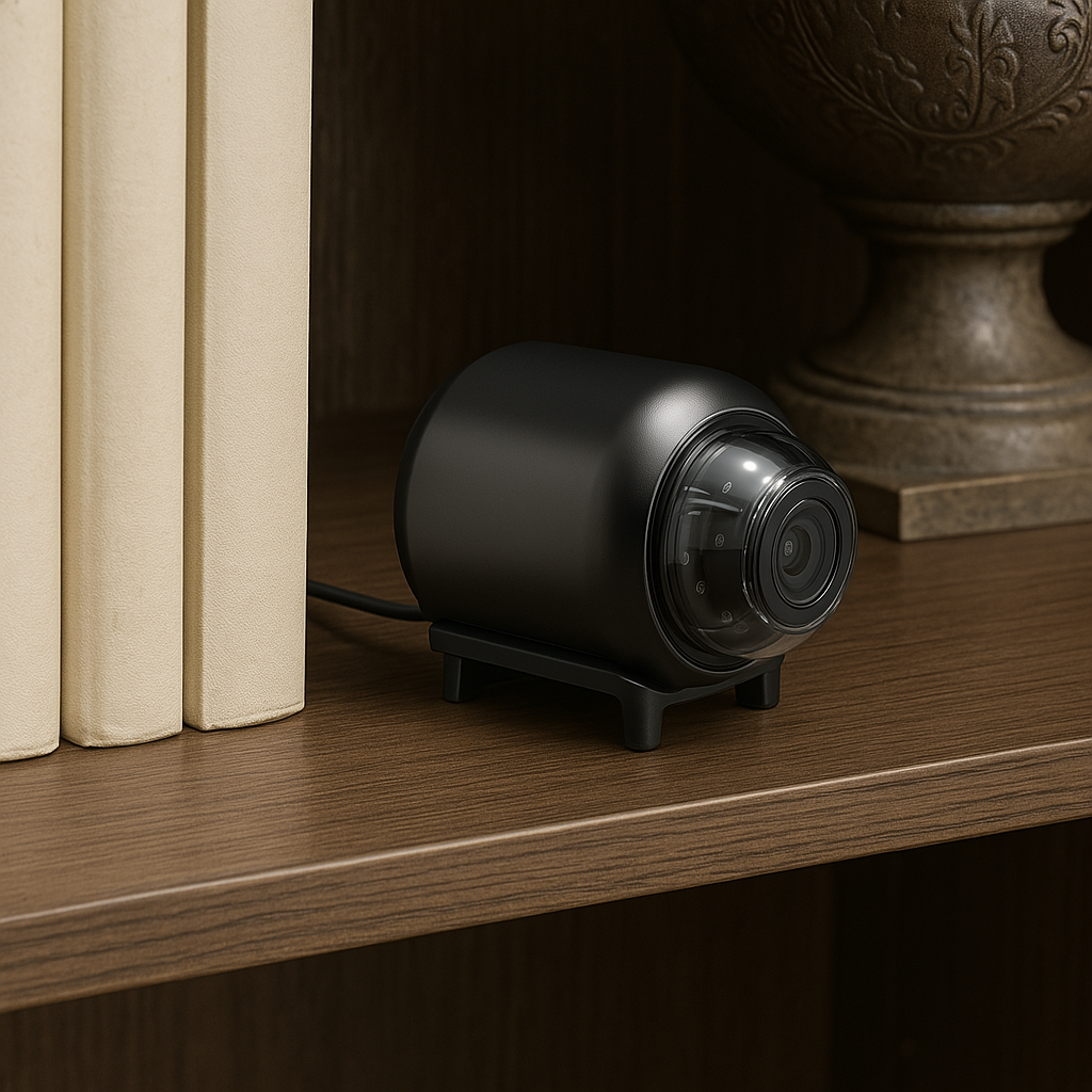 Mini caméra espion WiFi discrètement posée sur une étagère entre des livres. Parfaite pour une surveillance intérieure invisible grâce à son design compact et élégant.