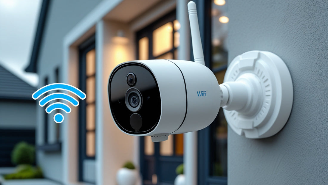 Caméra de surveillance extérieure WiFi montée sur un mur de maison, capturant une vidéo haute définition avec signal de connexion. Sécurité domestique intelligente.