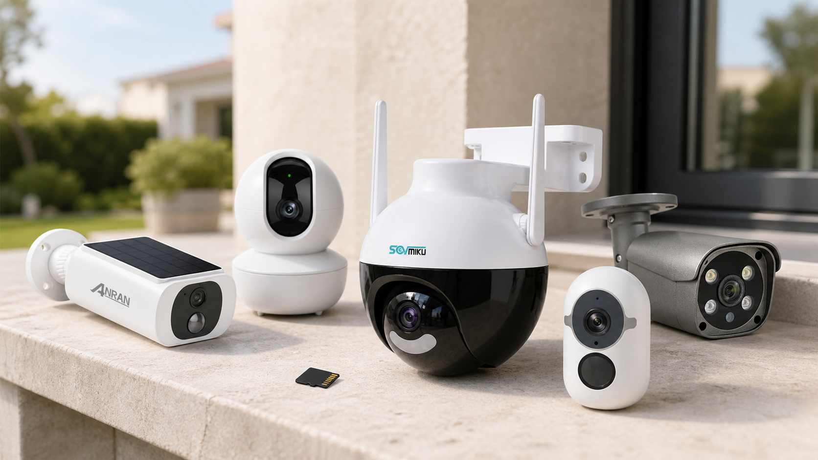 Cinq caméras de surveillance sans abonnement et une carte microSD posées devant une maison Image