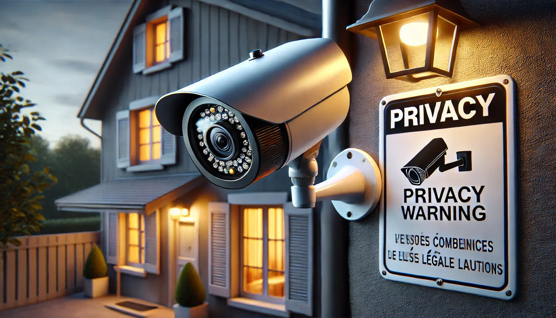 Caméra de surveillance extérieure fixée sur une maison, respectant la réglementation française avec un document officiel en arrière-plan. Sécurité et conformité CNIL.