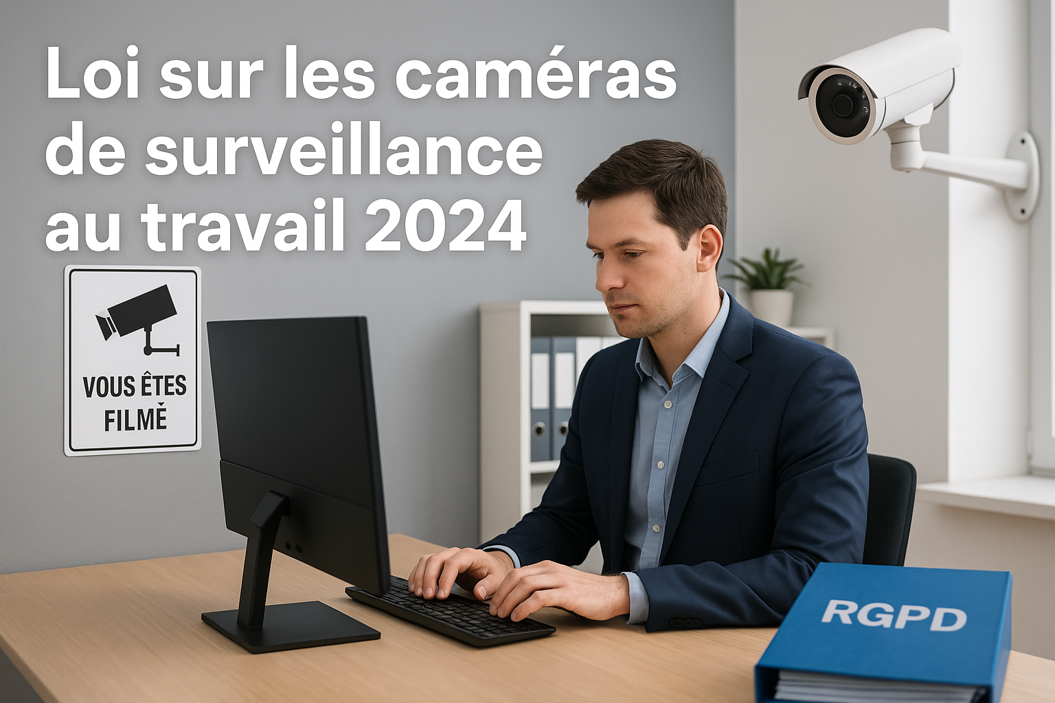 Un salarié en pleine activité dans un bureau moderne, filmé par une caméra de surveillance avec un panneau visible et un dossier RGPD, illustrant les règles légales de vidéosurveillance au travail. Image