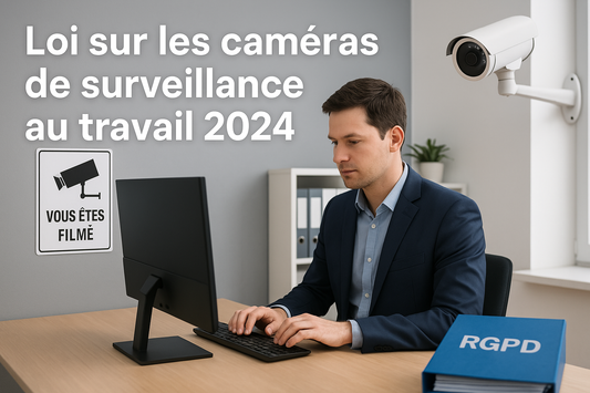 Un salarié en pleine activité dans un bureau moderne, filmé par une caméra de surveillance avec un panneau visible et un dossier RGPD, illustrant les règles légales de vidéosurveillance au travail.