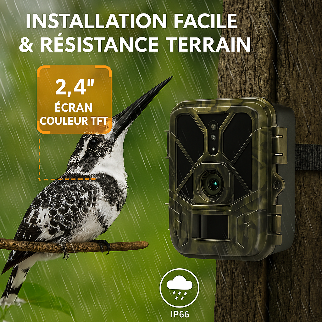 Caméra Animaux fixée à un arbre sous la pluie, illustrant sa résistance IP66 aux intempéries extrêmes comme la pluie, la neige ou la poussière, avec une fixation par sangle simple et rapide.
