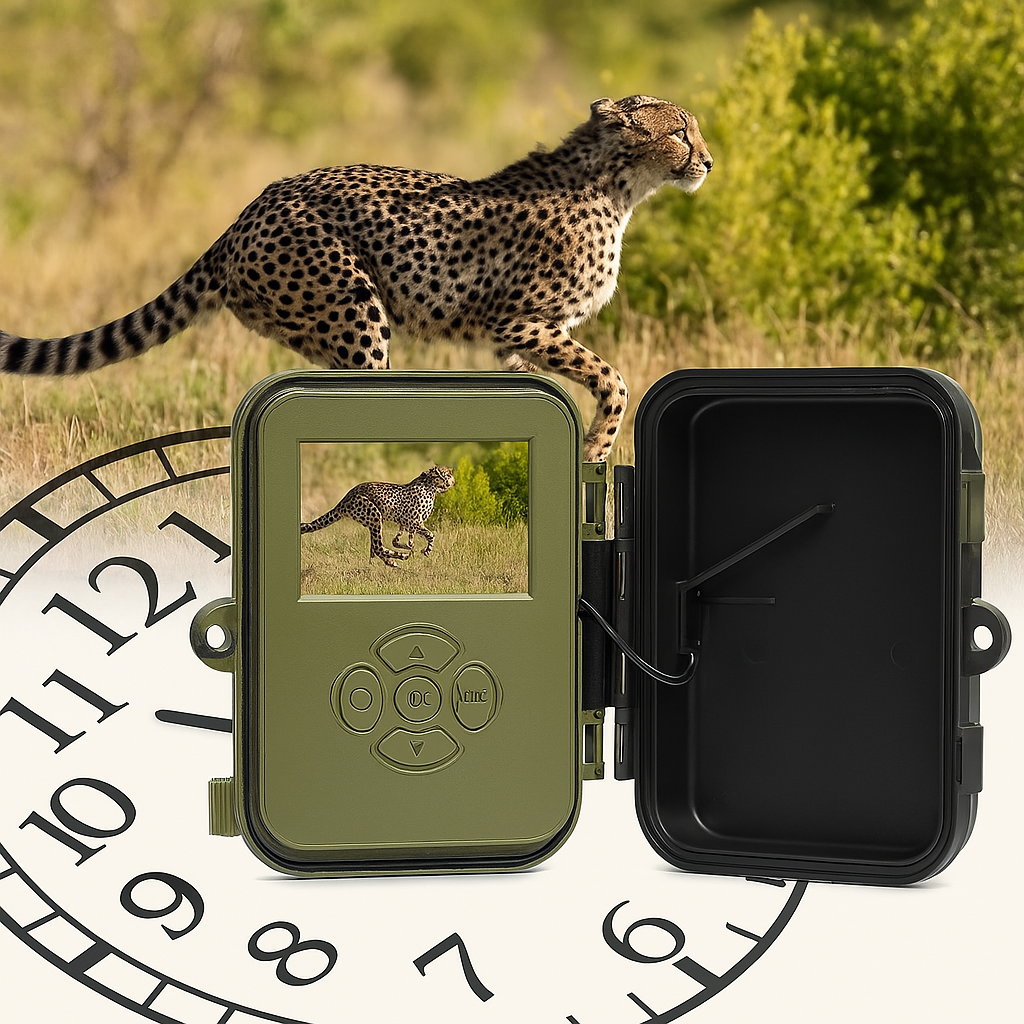 La Caméra Animaux est ouverte avec son écran affichant un guépard en mouvement. Une grande horloge symbolise son autonomie en mode veille jusqu’à 8 mois. Compatible avec une carte microSD de 256 Go, elle intègre un mode PIR intelligent pour économiser l’énergie.