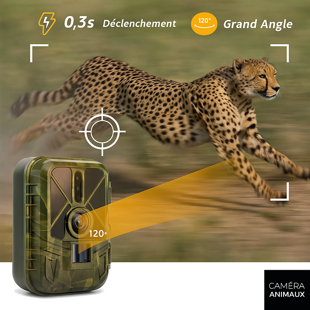 La Caméra Animaux détecte un guépard en pleine course grâce à sa vitesse de déclenchement ultra-rapide de 0,3 seconde et son grand angle de 120 degrés. Parfaite pour capturer instantanément le moindre mouvement avec précision en photo ou en vidéo.