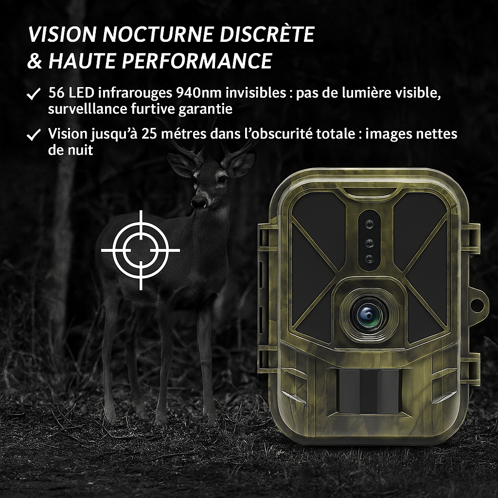 La Caméra Animaux est illustrée en pleine forêt de nuit, face à un cerf éclairé par sa vision infrarouge. Dotée de 56 LED invisibles 940nm, elle garantit une surveillance furtive avec une portée nocturne de 25 mètres et une transition fluide entre le jour et la nuit grâce à son filtre IR automatique.