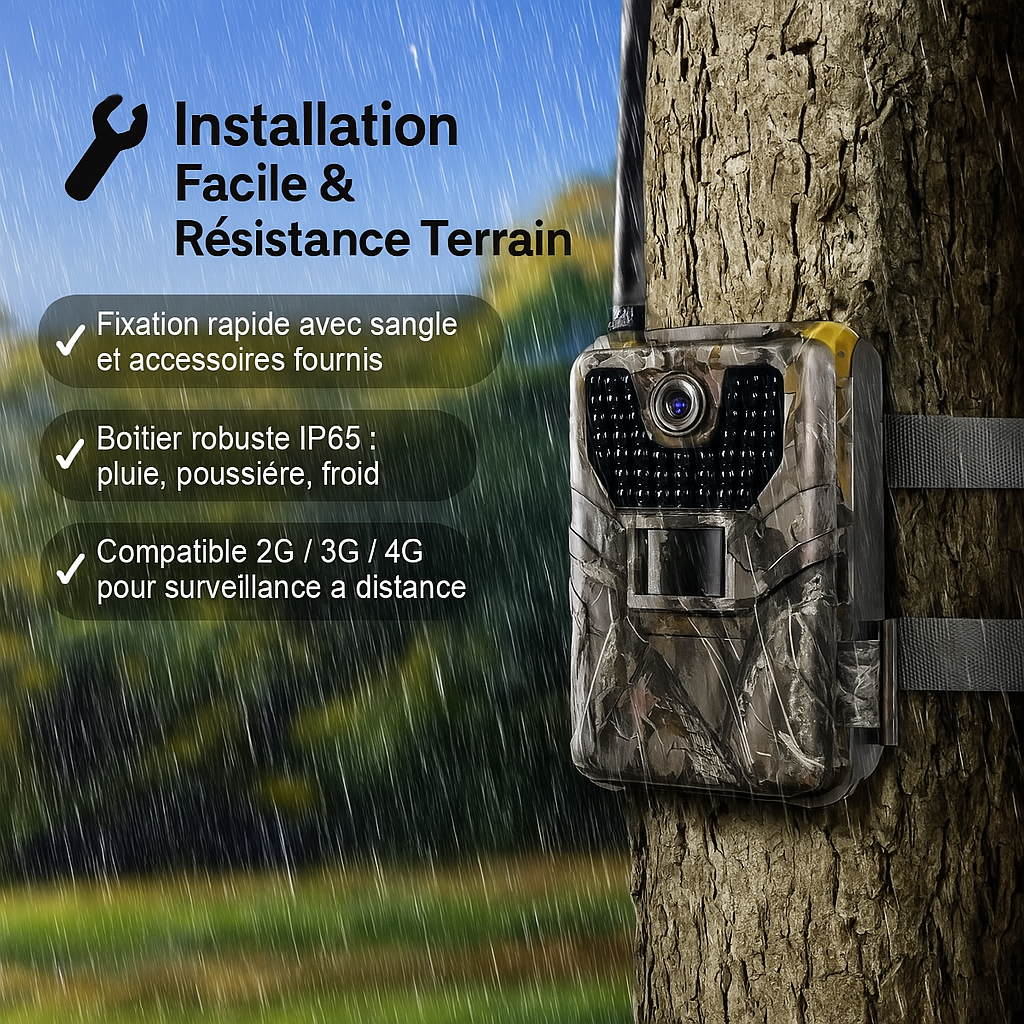 La Camera de Chasse avec Alerte SMSMMS est fixée solidement à un arbre sous une pluie battante, illustrant son installation rapide avec sangle, son boîtier robuste IP65 résistant à la pluie et à la poussière, et sa compatibilité 2G 3G 4G pour une surveillance à distance.