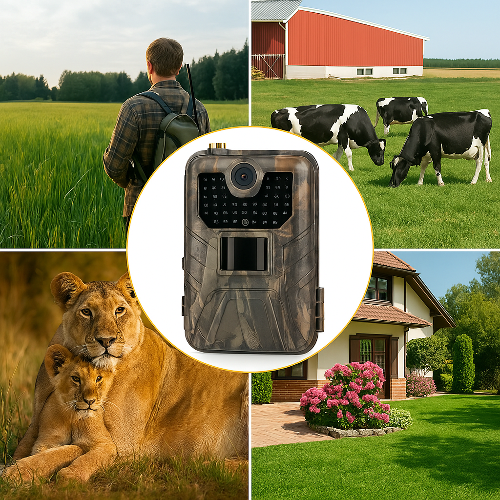 La Camera de Chasse avec Alerte SMSMMS est au centre d’un visuel composé de quatre scènes : un chasseur de dos traversant un champ avec son fusil, des vaches broutant près d’une grange rouge, une lionne avec son petit reposant dans la savane, et une maison de campagne fleurie illustrant la sécurité résidentielle.