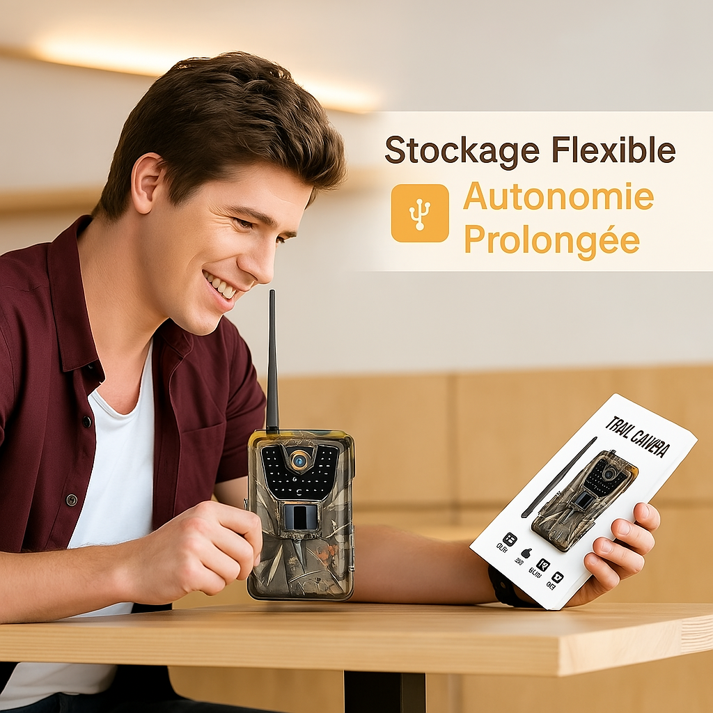 Un utilisateur consulte le manuel de la Camera de Chasse avec Alerte SMSMMS tout en la tenant à la main, illustrant ses options de stockage flexible jusqu’à 256 Go, sa faible consommation d’énergie et sa recharge simple via câble USB.