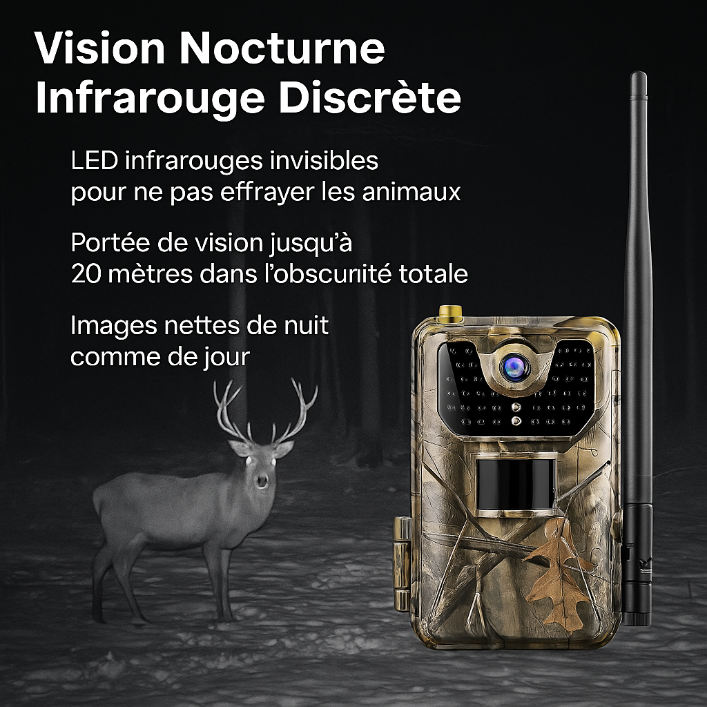 La Camera de Chasse avec Alerte SMSMMS permet de capturer des images nettes de nuit comme de jour grâce à sa vision nocturne infrarouge discrète et sa portée jusqu’à 20 mètres.