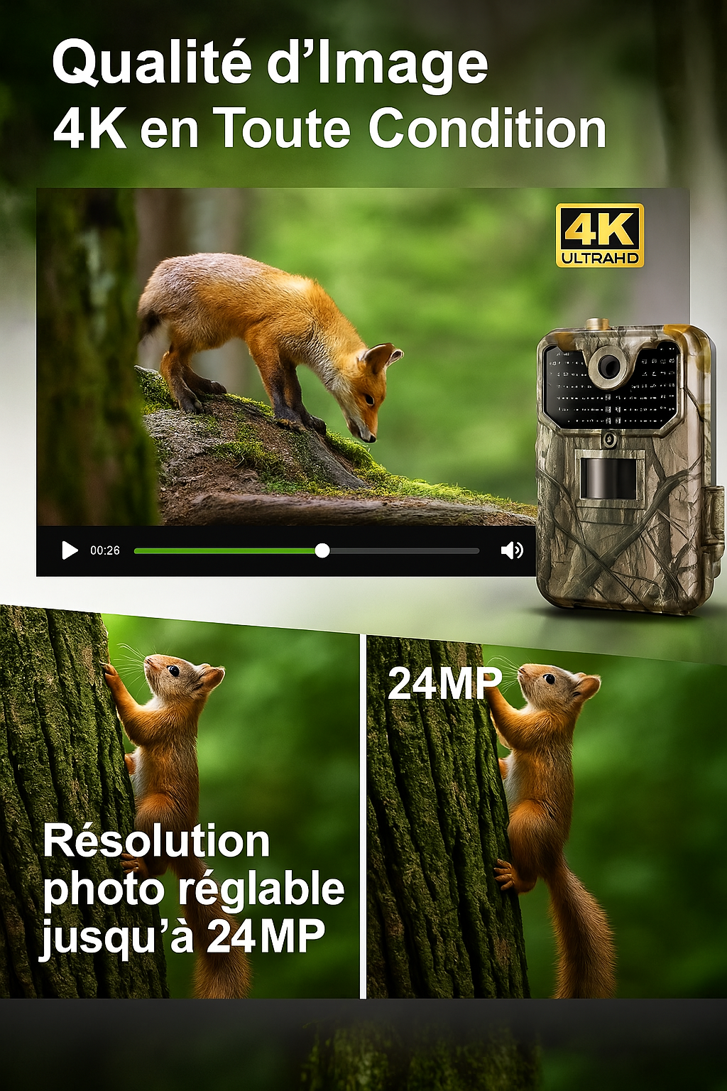 Camera de Chasse avec Alerte SMS MMS affichée à côté d'une scène forestière en 4K avec un renard et une comparaison photo 8MP vs 30MP illustrant la haute définition des images capturées.
