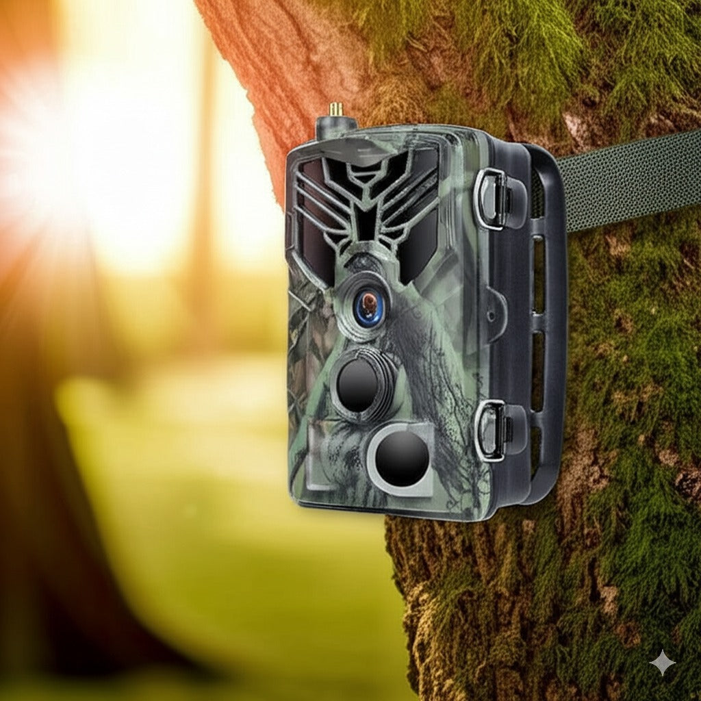 Caméra de chasse 4G avec camouflage, fixée à un arbre en forêt au lever du soleil, idéale pour la surveillance à distance des animaux.