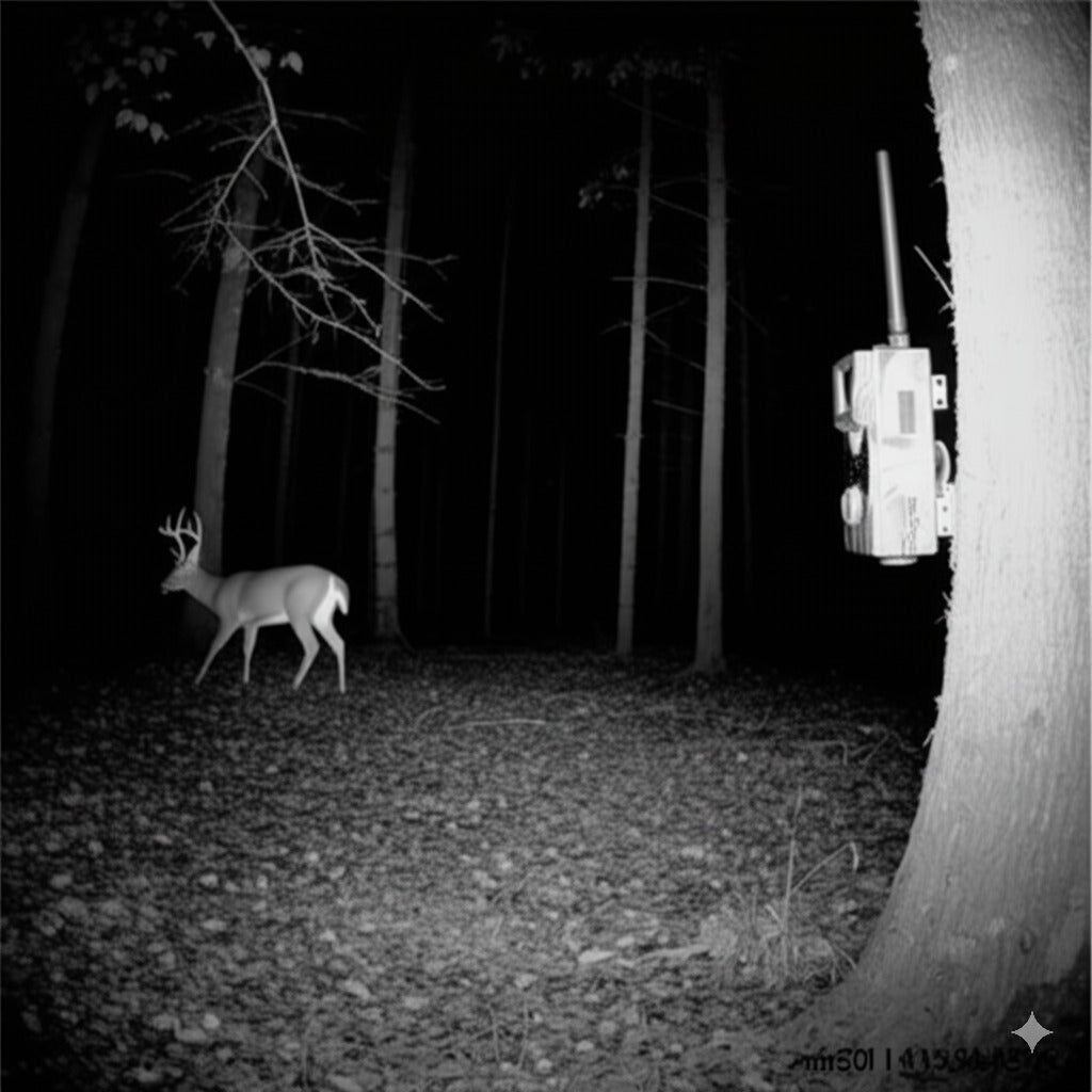 Caméra de chasse connectée au téléphone capturant un cerf en pleine nuit dans la forêt. Dotée de vision nocturne infrarouge pour une détection optimale des animaux.