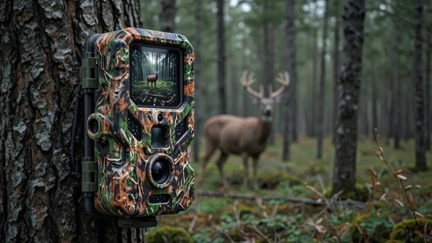 Bannière illustrant une caméra de chasse haute définition fixée à un arbre dans une forêt dense, avec vision nocturne infrarouge et détection de mouvement, idéale pour la surveillance de la faune et la sécurité en extérieur.