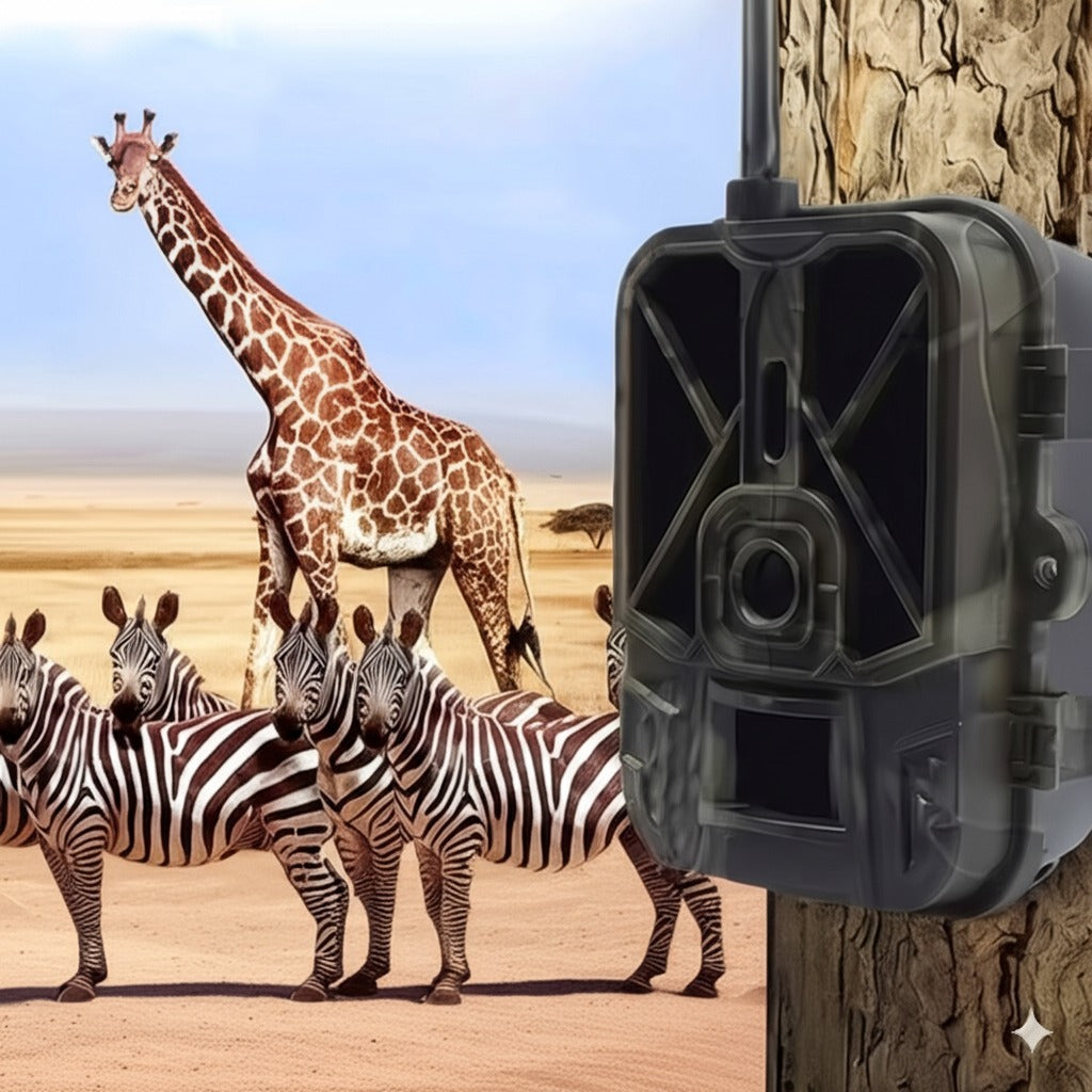 Caméra de chasse professionnelle fixée à un arbre, observant un groupe de zèbres et une girafe en plein désert. Qualité 4K, détection PIR rapide, vision nocturne 25 m, GPS intégré et grande capacité de stockage.