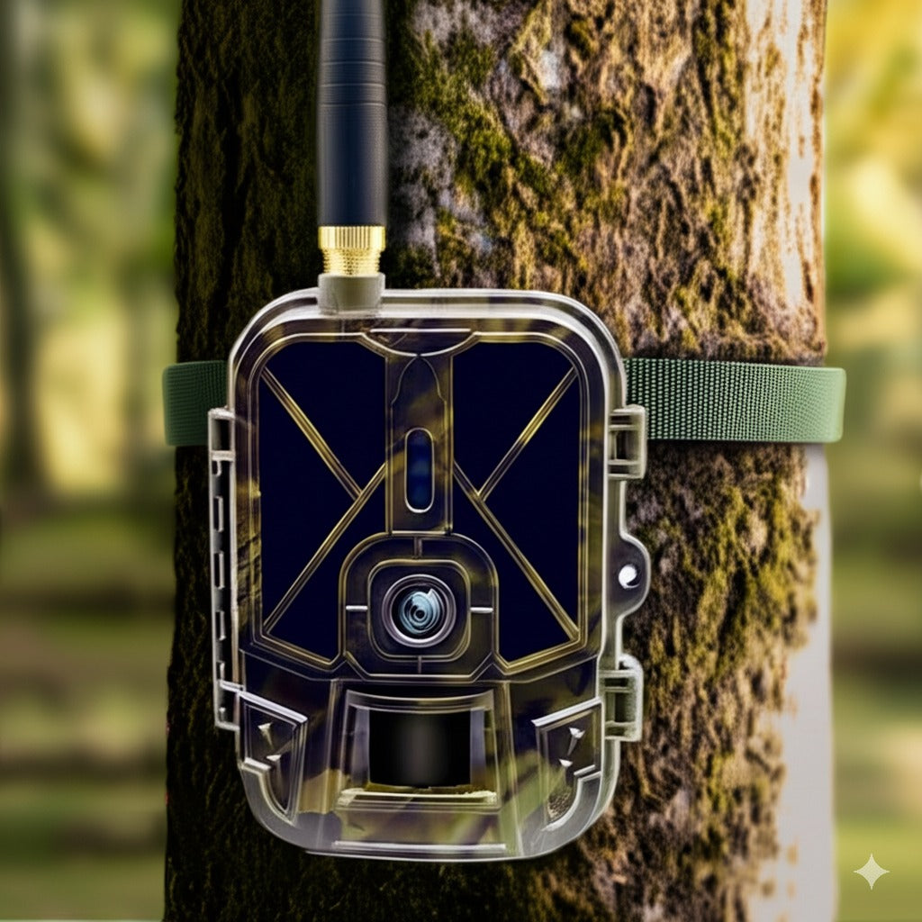 Caméra de chasse professionnelle fixée à un arbre, dotée d'une antenne pour une connectivité optimale et une détection précise en forêt.
