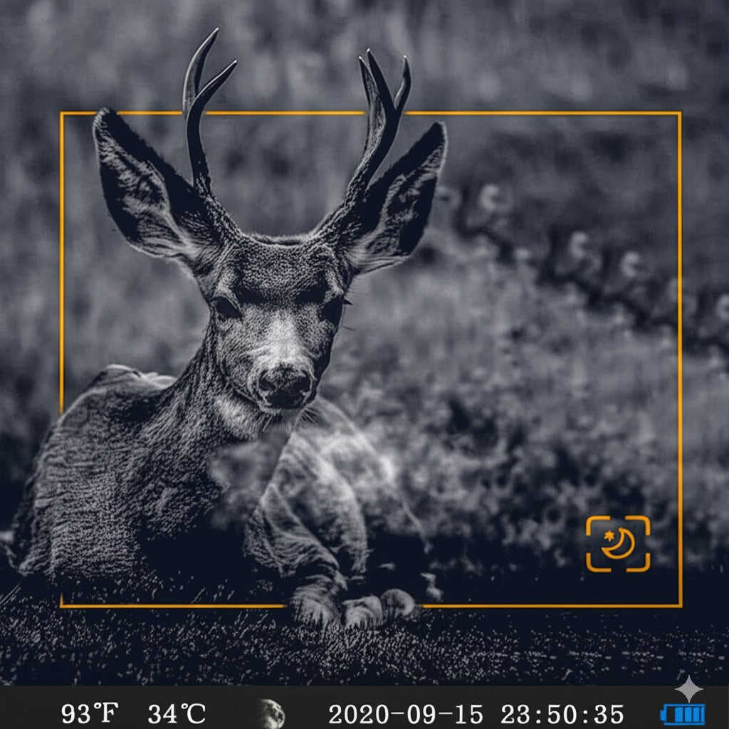 Caméra de chasse professionnelle avec vision nocturne 940 nm capturant un cerf en haute précision dans l’obscurité totale avec détection jusqu’à 25 mètres