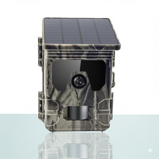 Caméra de chasse solaire avec design camouflage et panneau solaire intégré. Solution autonome idéale pour surveiller la faune sans besoin de recharge fréquente.