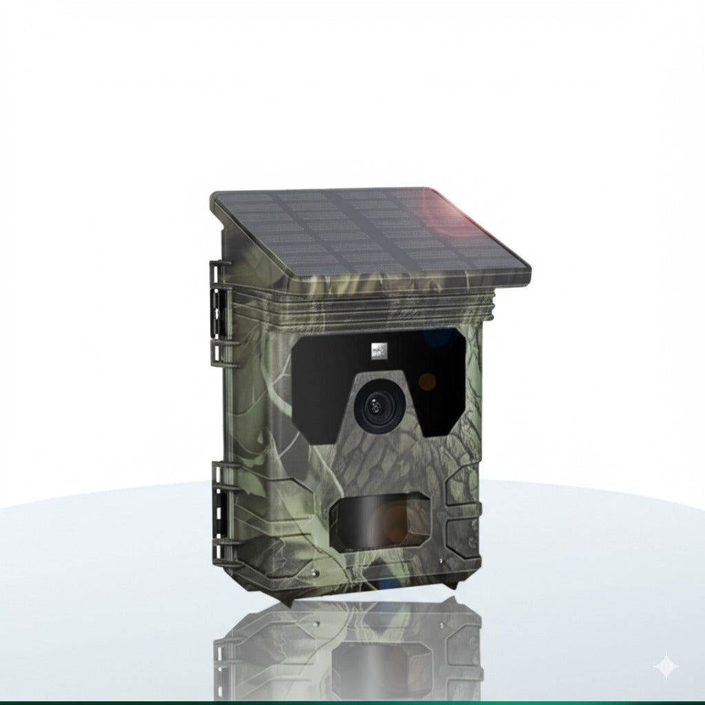 Caméra de chasse solaire avec design camouflage, capteur haute définition et panneau solaire incliné. Parfaite pour une autonomie longue durée en pleine nature.