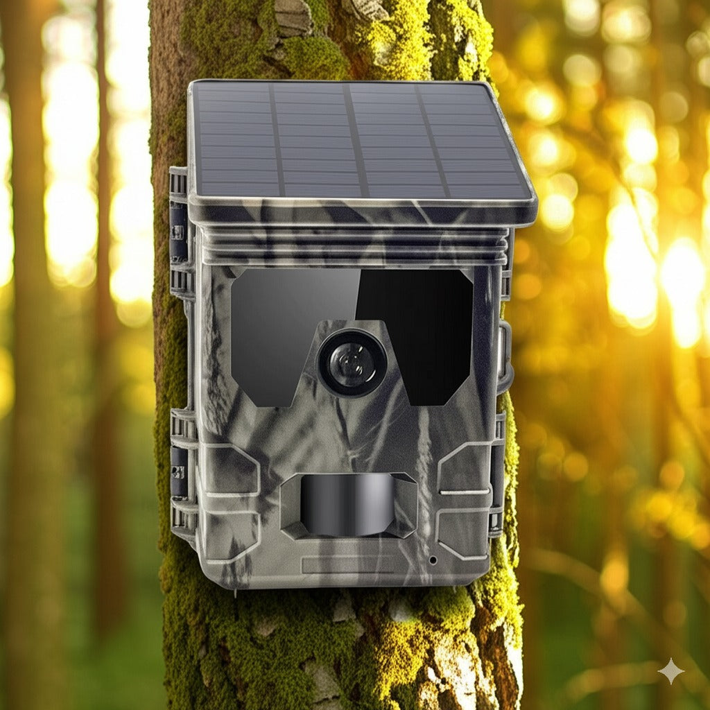 Caméra de chasse solaire fixée à un arbre, parfaitement camouflée en forêt. Énergie solaire idéale pour une surveillance prolongée de la faune.