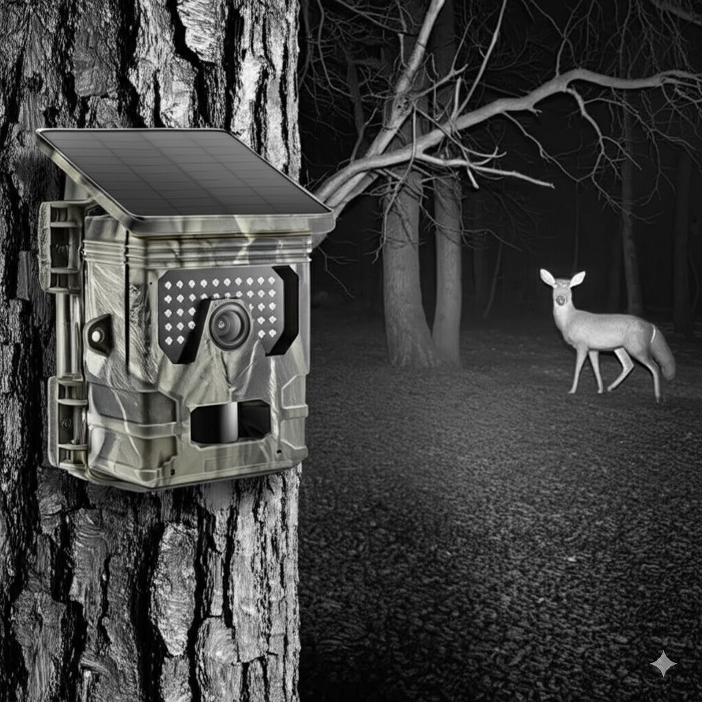 Caméra de chasse solaire avec vision nocturne infrarouge capturant un cerf dans la forêt. Idéale pour une surveillance efficace de la faune, même la nuit.