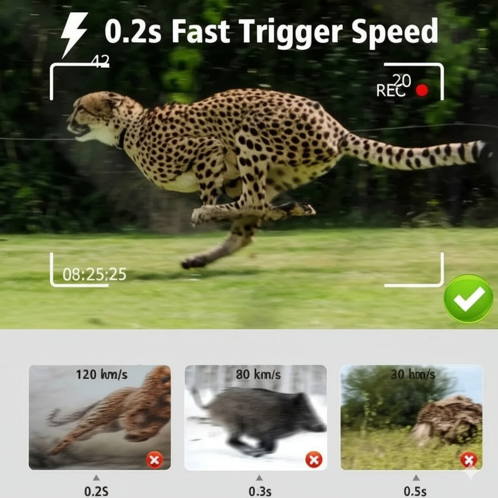 Caméra de chasse solaire avec vitesse de déclenchement ultra rapide de 0,2 seconde, capturant un guépard en pleine course. Idéal pour observer les animaux en mouvement.