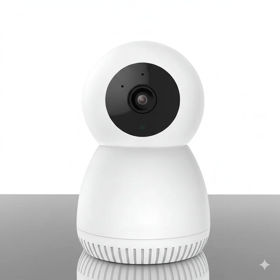 Caméra de surveillance à distance blanche, compatible smartphone, au design moderne et élégant.