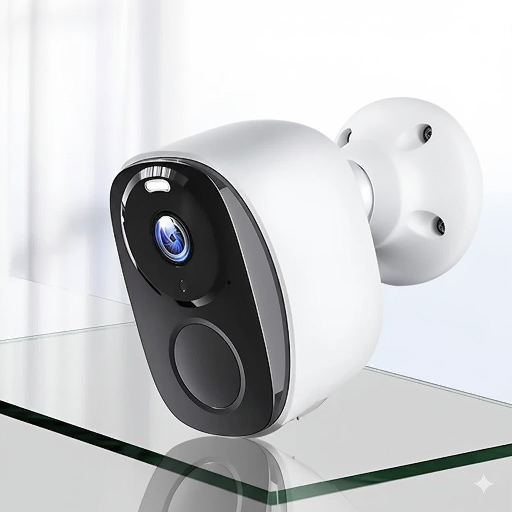 Caméra de surveillance extérieure sans fil au style élégant et moderne, montée sur un support mural intérieur.