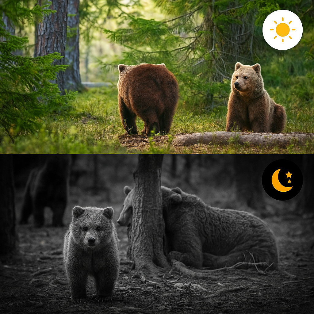 Image comparant la vision de jour et de nuit d'une caméra infrarouge animaux. Deux oursons observés en pleine forêt, en couleur le jour et en noir et blanc la nuit. Surveillance continue 24h/24.