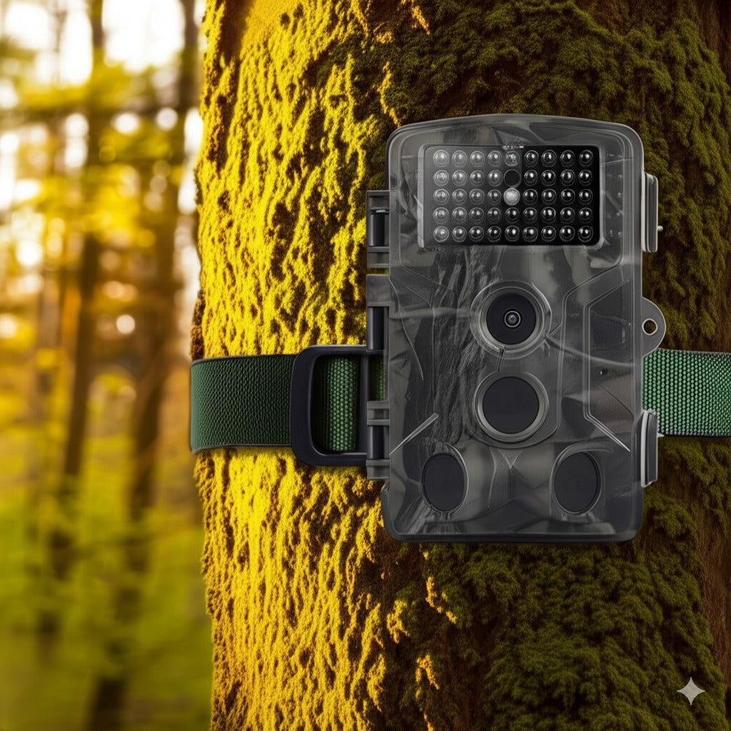 Caméra infrarouge pour animaux fixée à un arbre en pleine forêt, idéale pour la surveillance nocturne de la faune.
