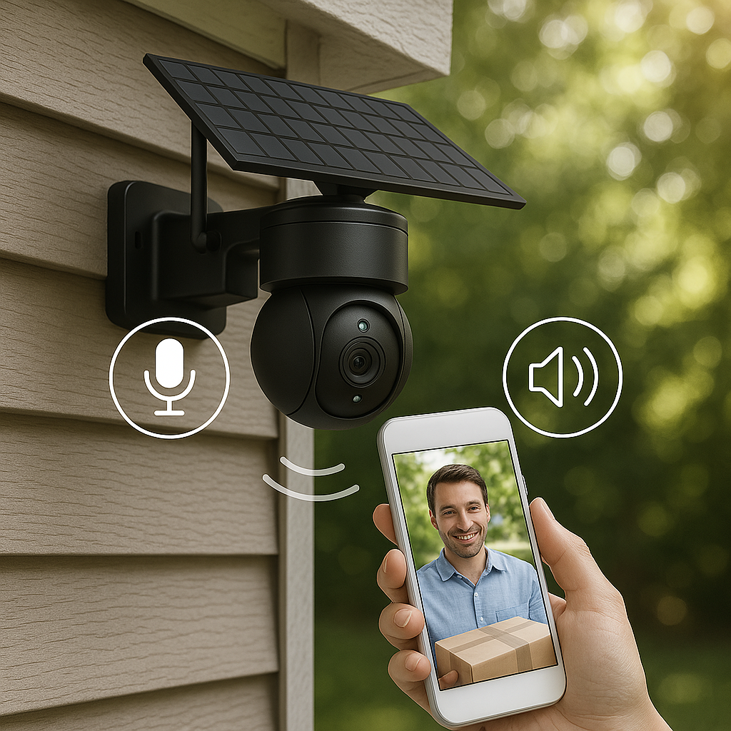 Caméra solaire WiFi longue portée équipée de l'audio bidirectionnel. Communication en temps réel avec un livreur via smartphone. Idéale pour surveiller et interagir à distance.