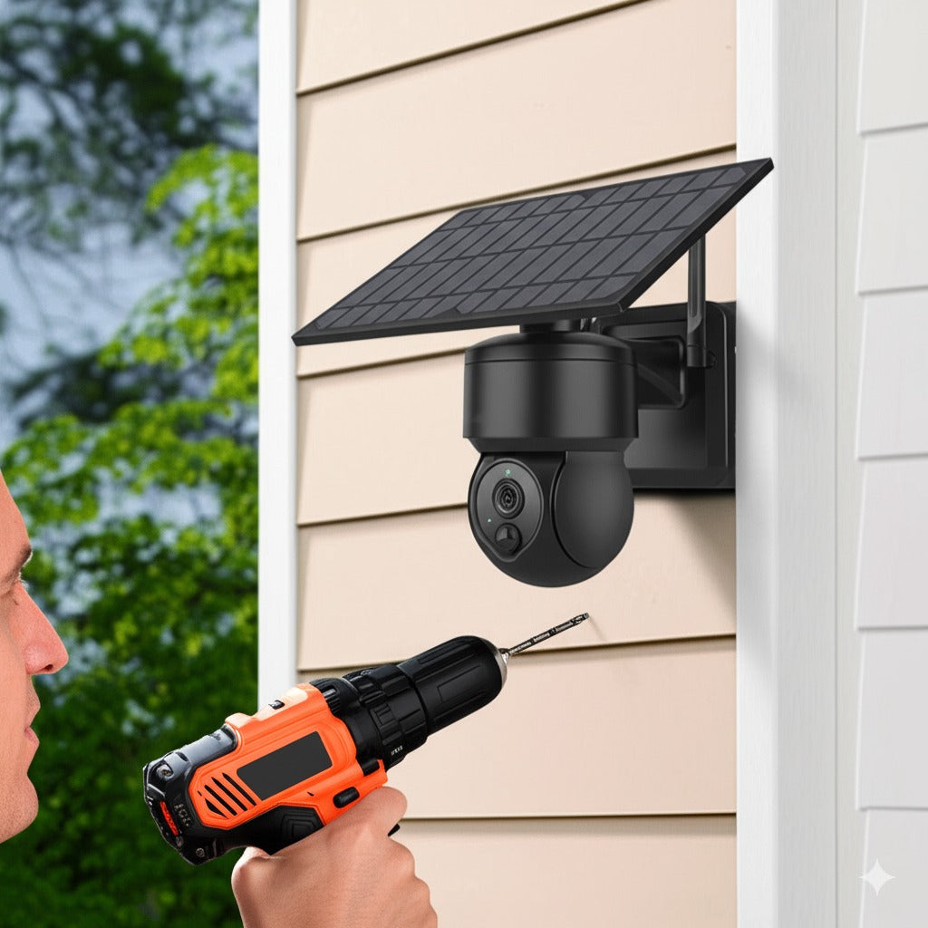 Caméra solaire WiFi longue portée en cours d'installation sur un mur extérieur. Montage simple avec perceuse, idéal pour une surveillance efficace et rapide.