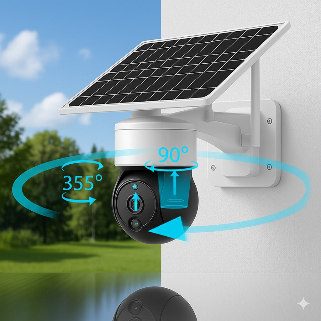 Caméra solaire WiFi longue portée motorisée, installée en extérieur. Affichage des angles de rotation 355° horizontal et 90° vertical pour une couverture maximale.