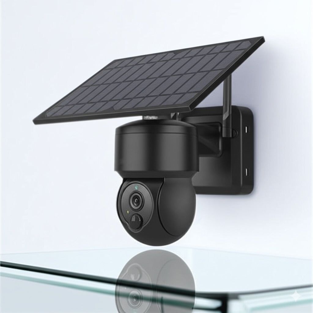 Caméra solaire WiFi longue portée au design noir mat, fixée sur un mur avec son panneau solaire. Idéale pour la surveillance extérieure autonome et continue.