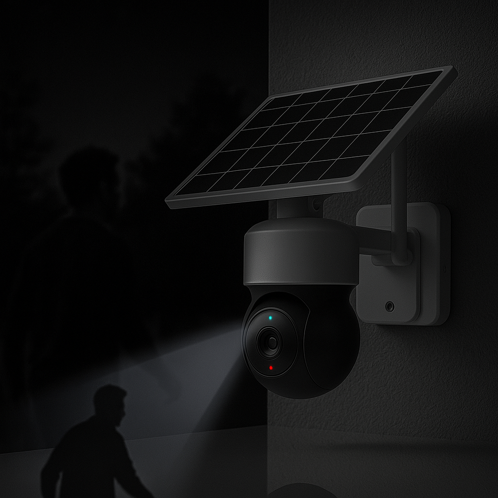 Caméra solaire WiFi longue portée installée de nuit, détectant la présence d’un individu. Dotée d’un projecteur intégré pour vision nocturne et alerte de mouvement.