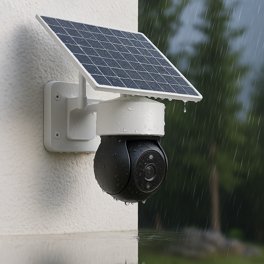 Caméra solaire WiFi longue portée installée de nuit, détectant la présence d’un individu. Dotée d’un projecteur intégré pour vision nocturne et alerte de mouvement.