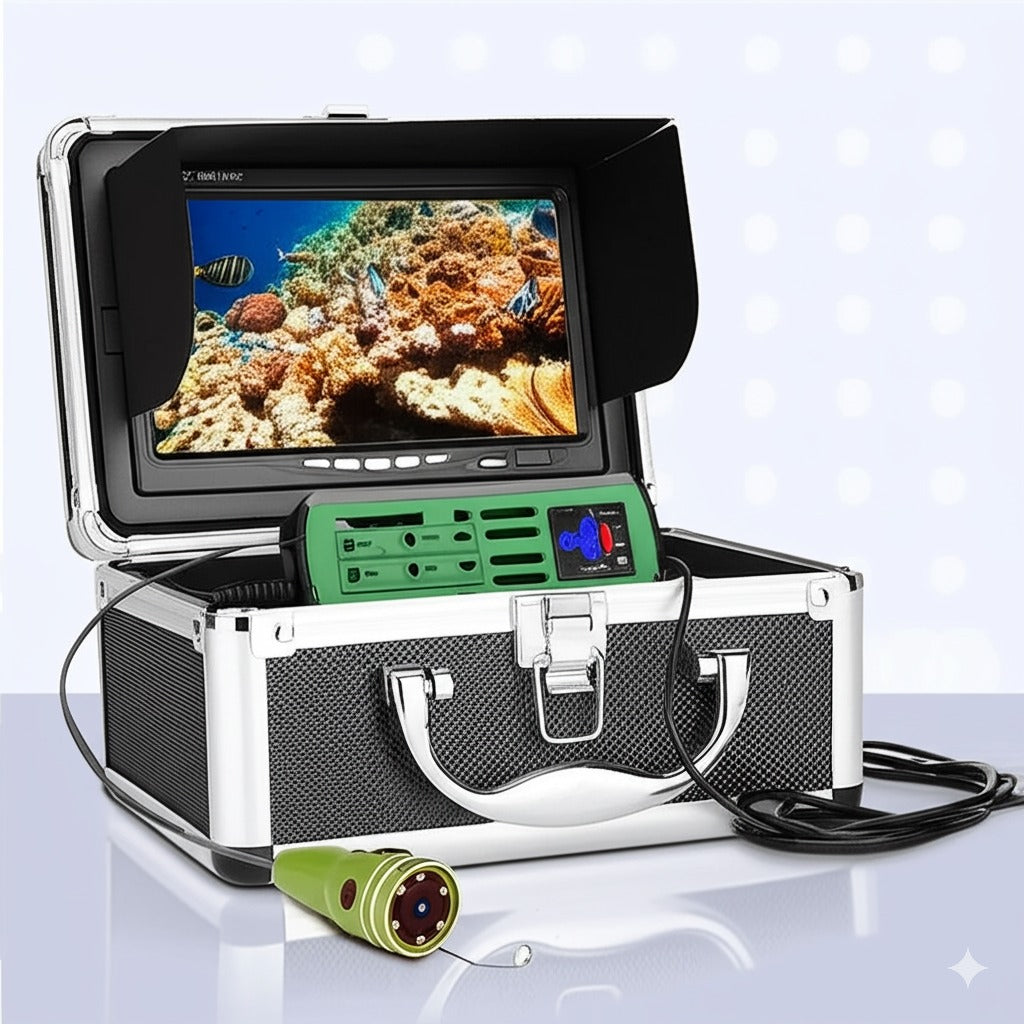 Caméra subaquatique pour la pêche avec écran HD intégré, livrée dans une valise de transport robuste.