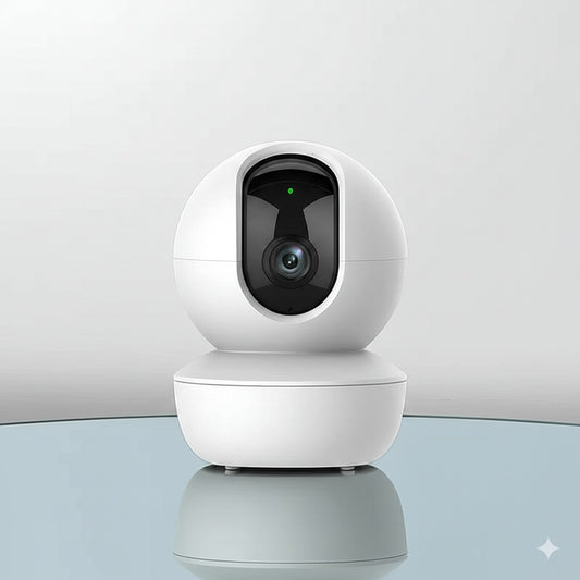 Caméra WiFi d'intérieur blanche au design moderne, posée sur une surface vitrée avec un fond minimaliste et élégant.