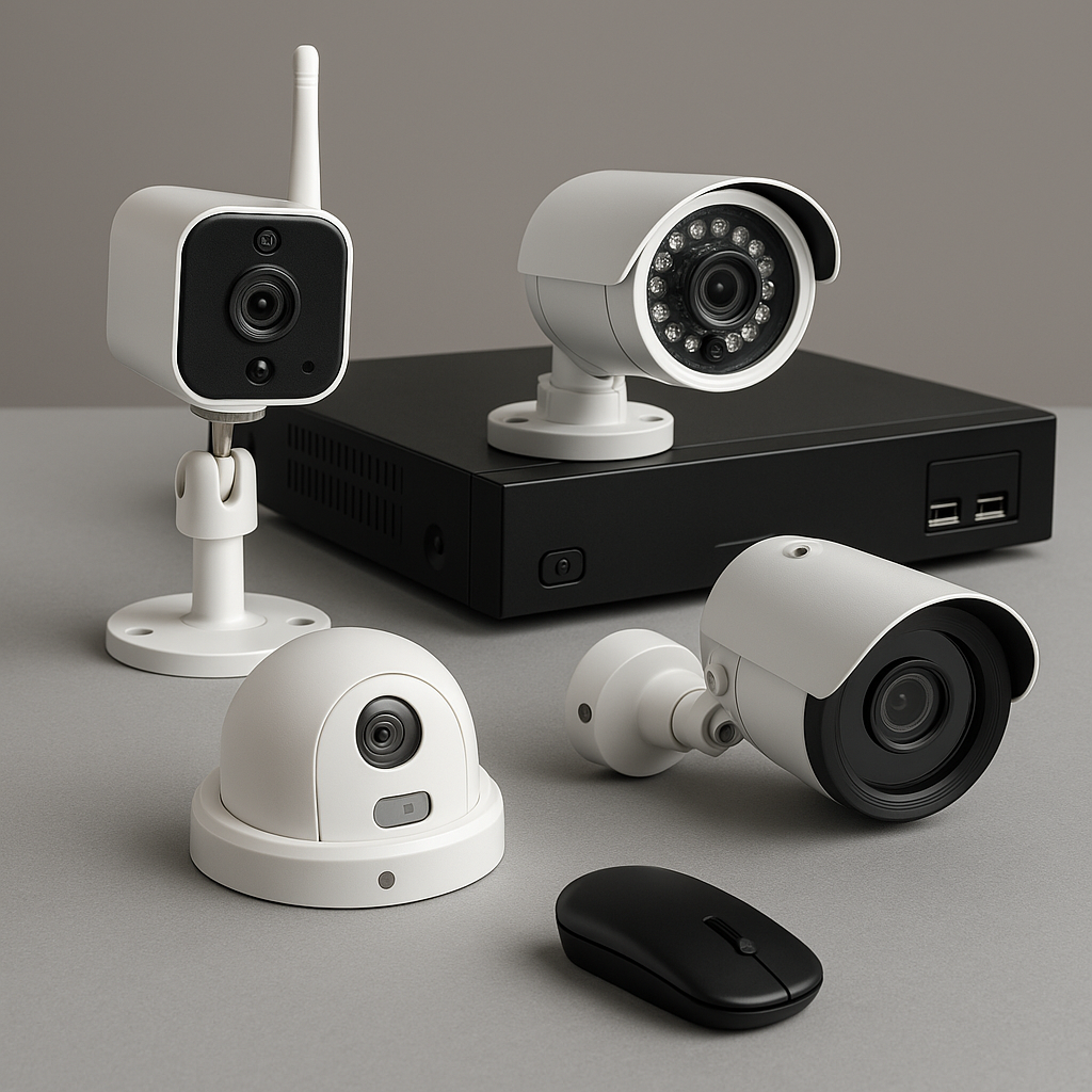 Photo carrée haute définition présentant différents modèles de caméras de surveillance conformes à la loi, incluant des caméras WiFi, IP, avec détection de mouvement et un kit complet avec DVR.