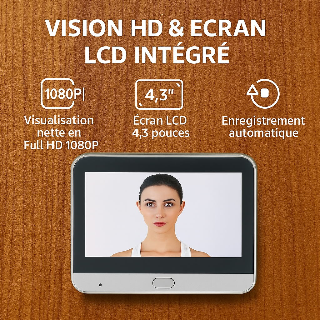 Écran LCD du judas numérique sans fil fixé sur une porte d’entrée, affichant en Full HD l’image d’un visiteur capturé automatiquement par la caméra.
